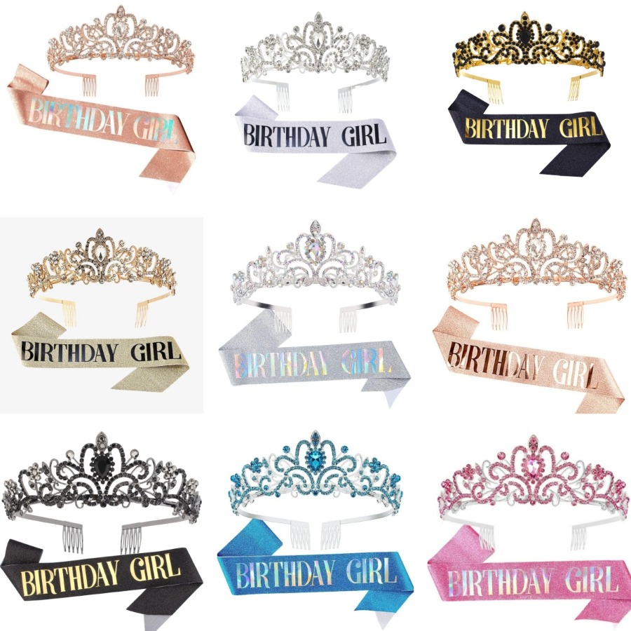 Birthday Sash Glitter - 2피스 세트 라인스톤 크리스탈 크라운 티아라