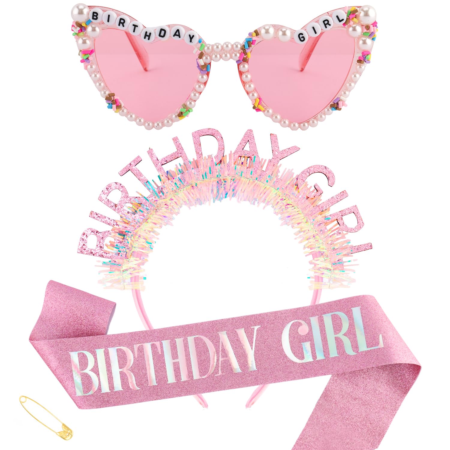 Birthday Sash Glitter - 생일 소녀 헤어밴드, 띠, 선글라스 세트,